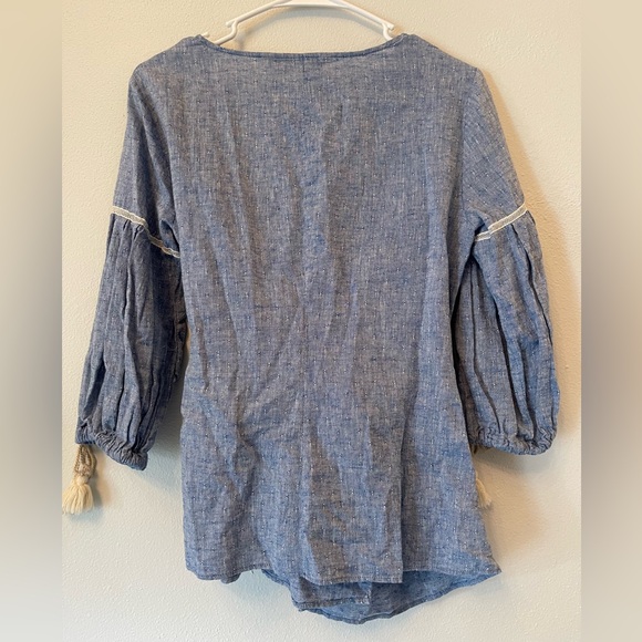 Zara blue linen cotton blend wrap-around blouse bow tie tassel cinched sleeve - Picture 2 of 9